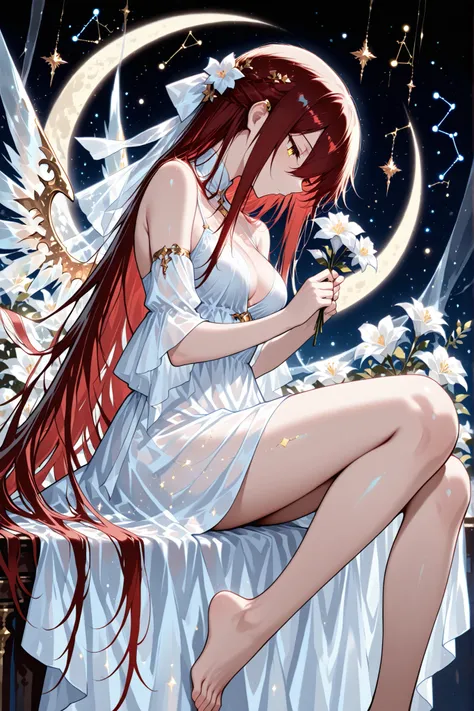 illustration of an angel looking down from the moon to hold flowers, 1 girl , golden eyes , very long hair , long sidelocks, red hair ,half updo, petite , very cute , beautiful ,Straight hair, cool, handsome, hair between eyes, sexy, female, mediumlarge br...