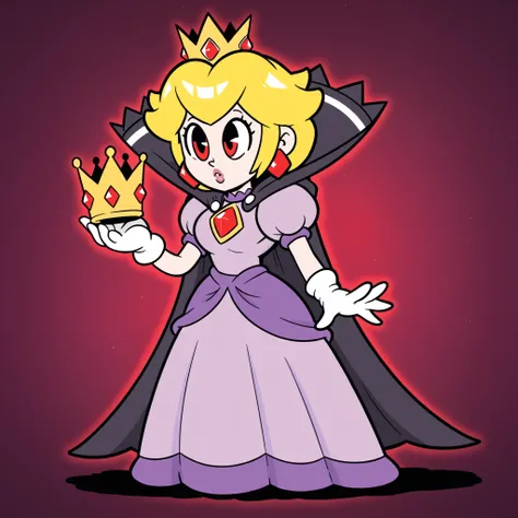 Rubberhose, toon \(style\) sh4dp3ach
princess peach, blonde hair, short hair, red eyes, purple dress, puffy short sleeves, white gloves, cape, crown, jewelry