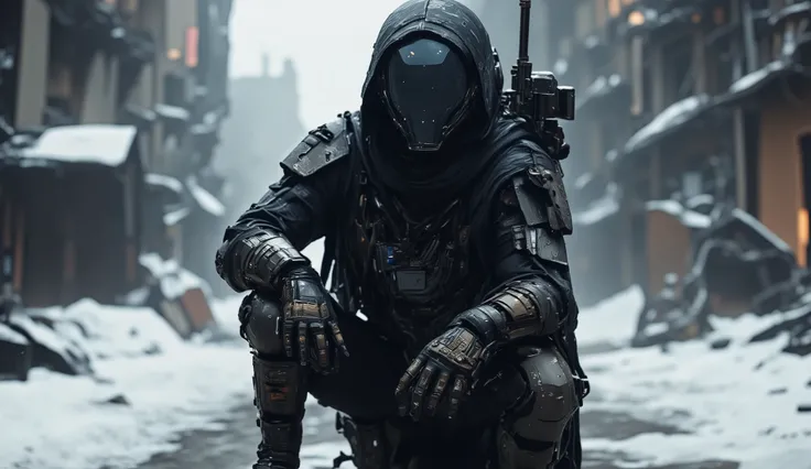 
A cyber information scout, clad in dark mechanical armor, is in a dynamic pose, perhaps in a cautious advance or preparing for action. Their face is concealed behind a sleek, matte black helmet, devoid of any screen or facial features, accentuating their ...
