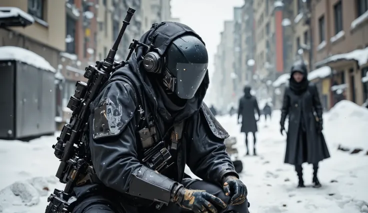 A cyber information scout, clad in dark mechanical armor, is in a dynamic pose, perhaps in a cautious advance or preparing for action. Their face is concealed behind a sleek, matte black helmet, devoid of any screen or facial features, accentuating their ...