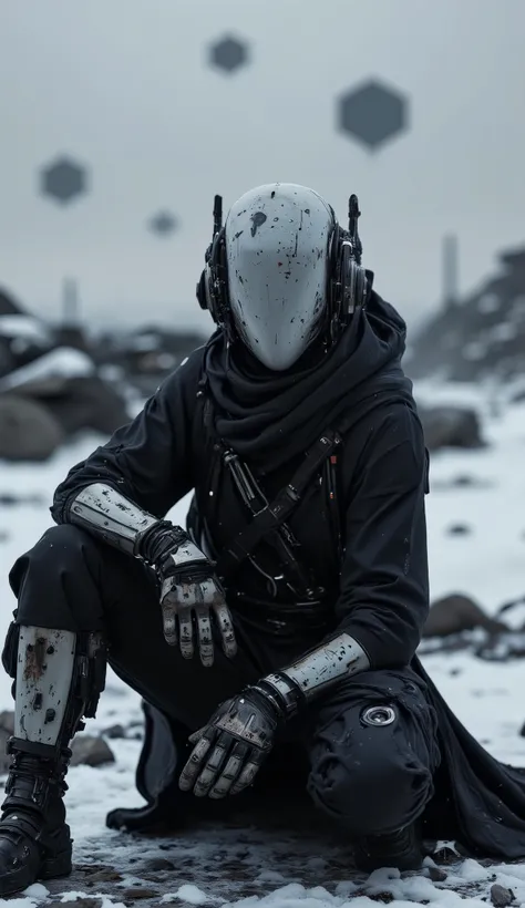 Recypu style, Cyberpunk highly detailed, high-resolution photograph. A futuristic, armored warrior crouching on a gritty, desolate snow-swept plain. The subject's head is covered by a sleek, metallic plain helmet that obscures the face, giving an ominou...