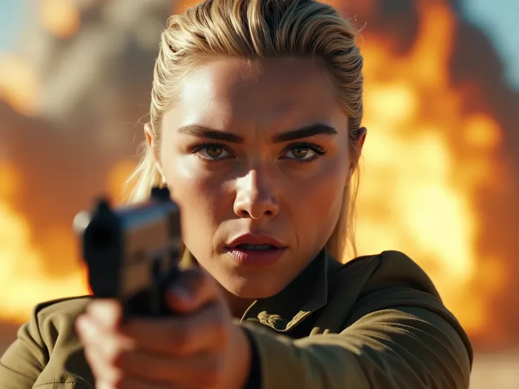Extreme close-up of Florence Pugh with blonde hair, intense expression, holding a gun, dressed in modern military uniform, bright daylight environment, fiery explosion in the background, cinematic lighting, high contrast, hyper-realistic detail, dramatic a...