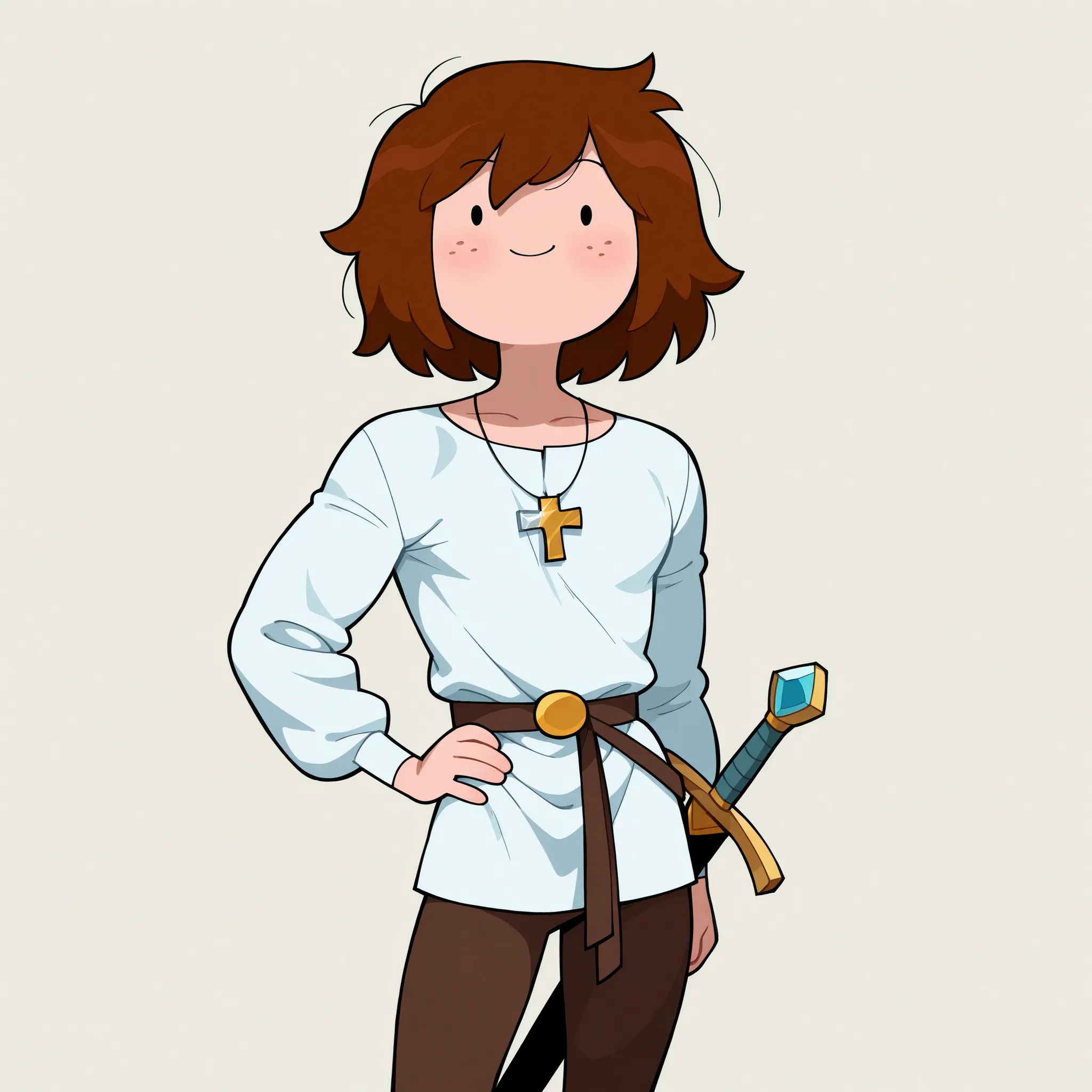 masterpiece, best quality, amazing quality, very aesthetic, absurdres, high res, shiny skin, adventure time, 1man, solo, short messy brown hair, dot eyes, freckles, muscular body, slim, white tunic, long sleeves, brown pants, sheathed sword, silver cross n...