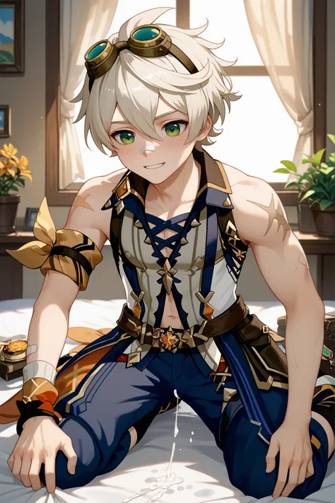 1 boy, 1 boy is Bennett, Bennett \(genshin impact\),bennett,green eyes,white hair,hair between eyes,short hair,bangs,googles,goggles on head,bandaid,bandaid on face,bandaid on nose,sleeveless,scar,scar on arm, hot, anime style, slim, cumming, very blushing...