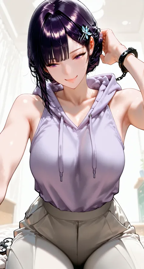 1 girl,hairpin hairstyle,black hair, Cold, high detail, realistic photo, high details, high quality, Best Quality, dark purple eyes, brunette, beautiful, tall, emotionless, ,{hairpin hairstyle} , weakly happy , medium, Light purple eyes , ...