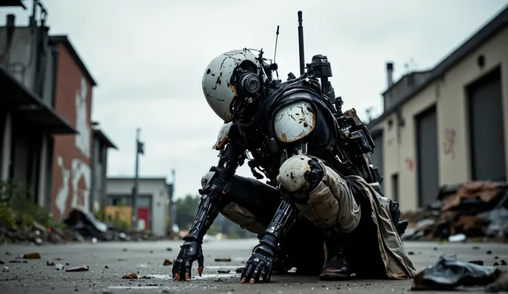 Recypu style, Cyberpunk highly detailed, high-resolution photograph. A futuristic, armored warrior crouching on a gritty, urban pavement. The subject's head is covered by a sleek, metallic helmet with a visor that obscures the face, giving an ominous, robo...