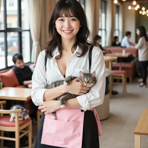 『1 Japanese girl:1.3』『Real Photo:1.3』Highest Quality:1.2、((big breasts))、with a slight cleavage、((young 20 year old woman ))、『smiling:1.9』、(((is anatomically correct、perfect anatomy、is anatomically correct指)))、Slender Body,realistic, Highest Quality, Ultra...