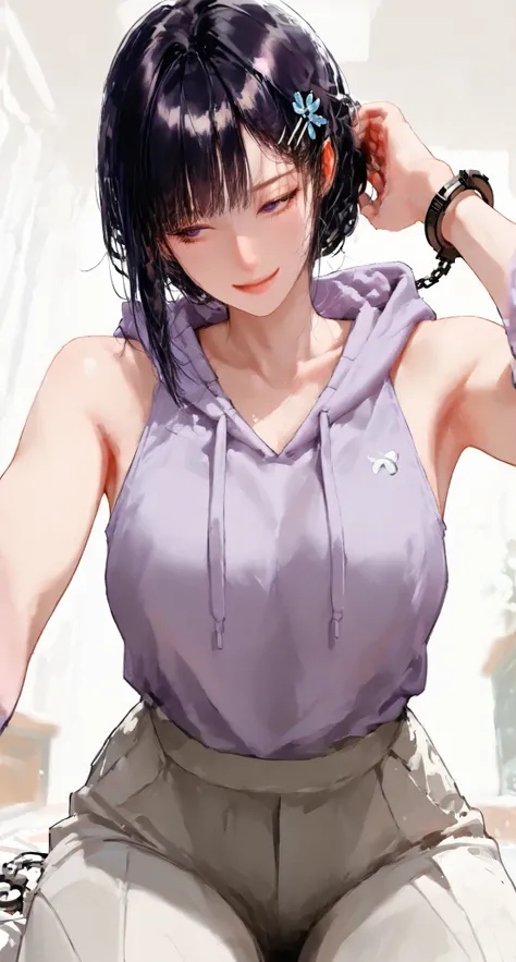 1 girl,hairpin hairstyle,black hair, Cold, high detail, realistic photo, high details, high quality, Best Quality, dark purple eyes, brunette, beautiful, tall, emotionless, ,{hairpin hairstyle} , weakly happy , medium, Light purple eyes , ...