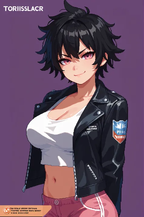score_9, score_8_up, score_7_up, source_anime, solo, pixel art, tr4dingcard, card (medium), english_text, N, trading_card, white_trade_card_frames, tomboy, 1girl, solo BREAK
Black hair, large breasts, short hair, messy hair, pink eyes BREAK
Black jacke...