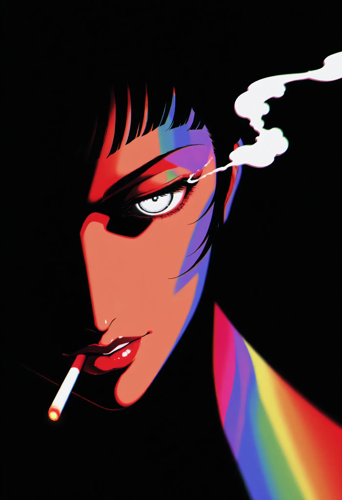  Cowboy Bebop, Black Silhouette Art, black background,white eyes,silhouette of a beautiful and provocative girl with red lips from up close,half-profile  ,Mariwana's cigarette emitting white smoke, limited palette , black background, colorful , Animated,br...