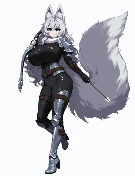Beautiful silver-haired fox girl, large fluffy fox tail at hip level, fox ears, sharp blue eyes, wearing sleek black and silver armored bodysuit, fur-trimmed collar, belts and straps, thigh-high boots with metal plates, ornate wooden bow with carved detail...