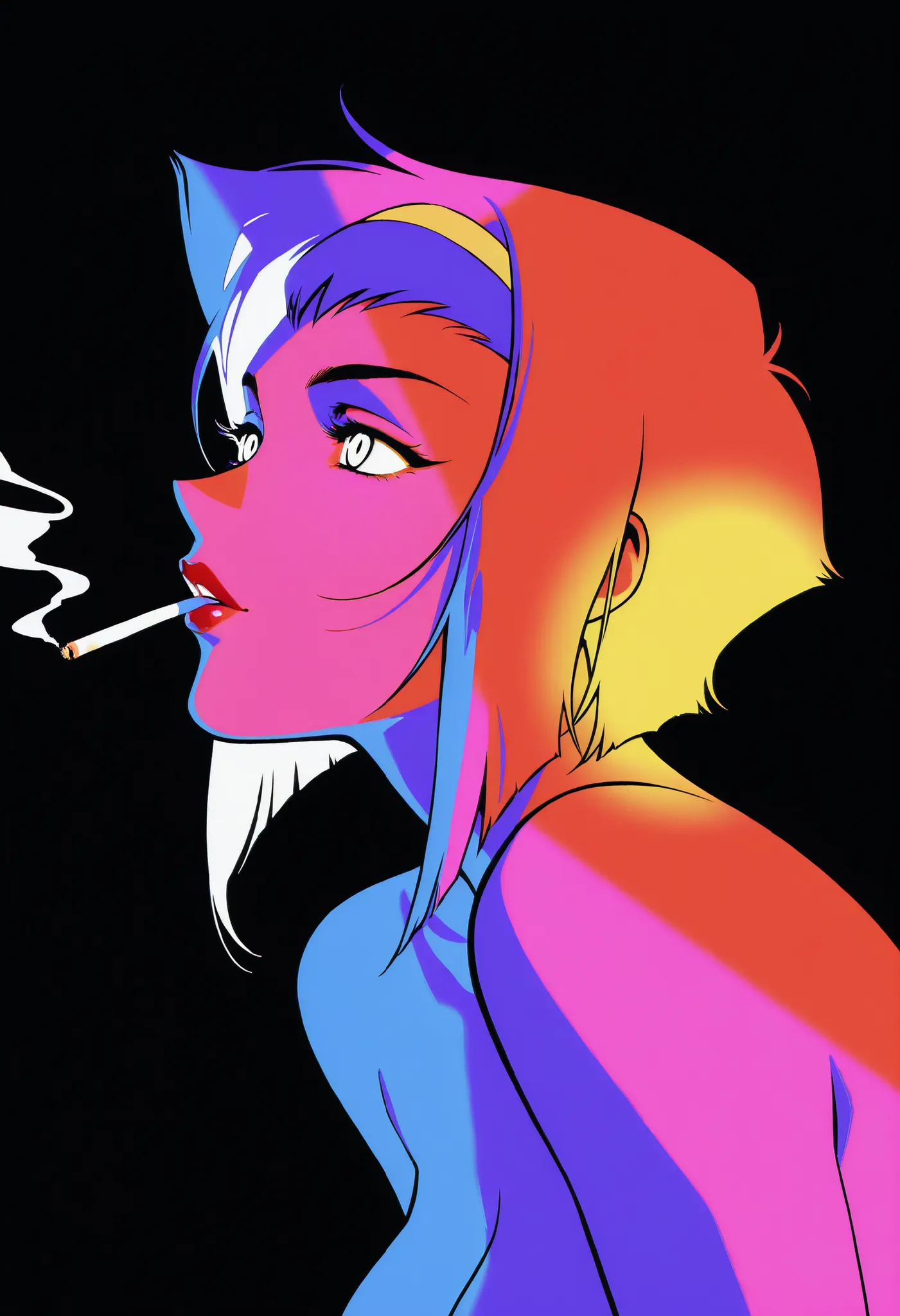  Cowboy Bebop, Black Silhouette Art, black background,white eyes,Silhouette of a beautiful and provocative girl with red lips from up close,half-profile  ,Mariwana's cigarette emitting white smoke, limited palette , black background, colorful , Animated,br...