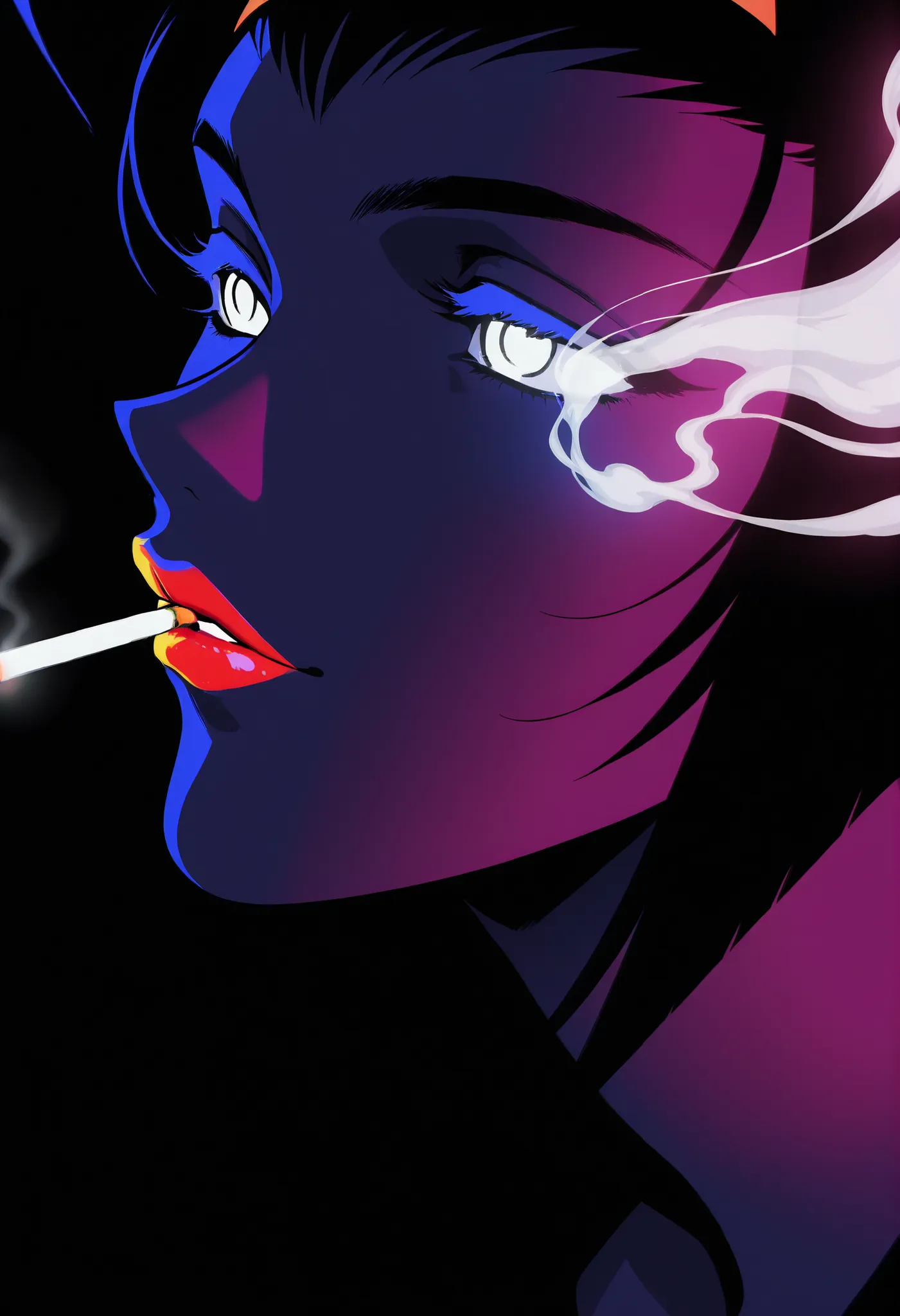  Cowboy Bebop, Black Silhouette Art, black background,white eyes,Silhouette of a beautiful and provocative girl with red lips from up close,half-profile  ,Mariwana's cigarette emitting white smoke, limited palette , black background, colorful , Animated,br...