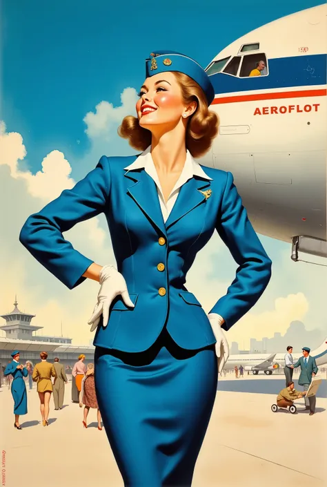 Create a bright retro Soviet pin-up poster depicting an Aeroflot stewardess from the 1960s. A very young, beautiful, slender girl in a classic Aeroflot uniform: a blue jacket with gold buttons, a pencil skirt, a white blouse and a neat cap. Her pose is pla...