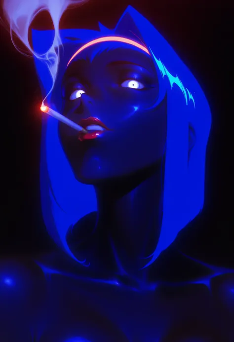 Cowboy Bebop, Black Silhouette Art, black background,white eyes,silhouette of a beautiful and provocative girl with red lips from up close,half-profile ,Mariwana's cigarette emitting white smoke, limited palette , black background, colorful , Animated,br...