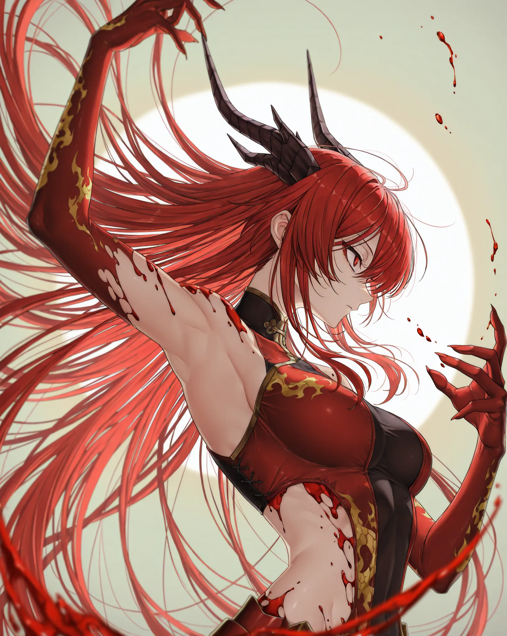 dynamic pose, masterpiece, best quality, amazing quality, very aesthetic, high resolution, ultra-detailed, absurdres, (hands:-0.33),
1girl, solo, (quarter shot, closeup shot:1.19), upper body shot, side shot, profile, scarred, red eye, dragon blood, dracon...