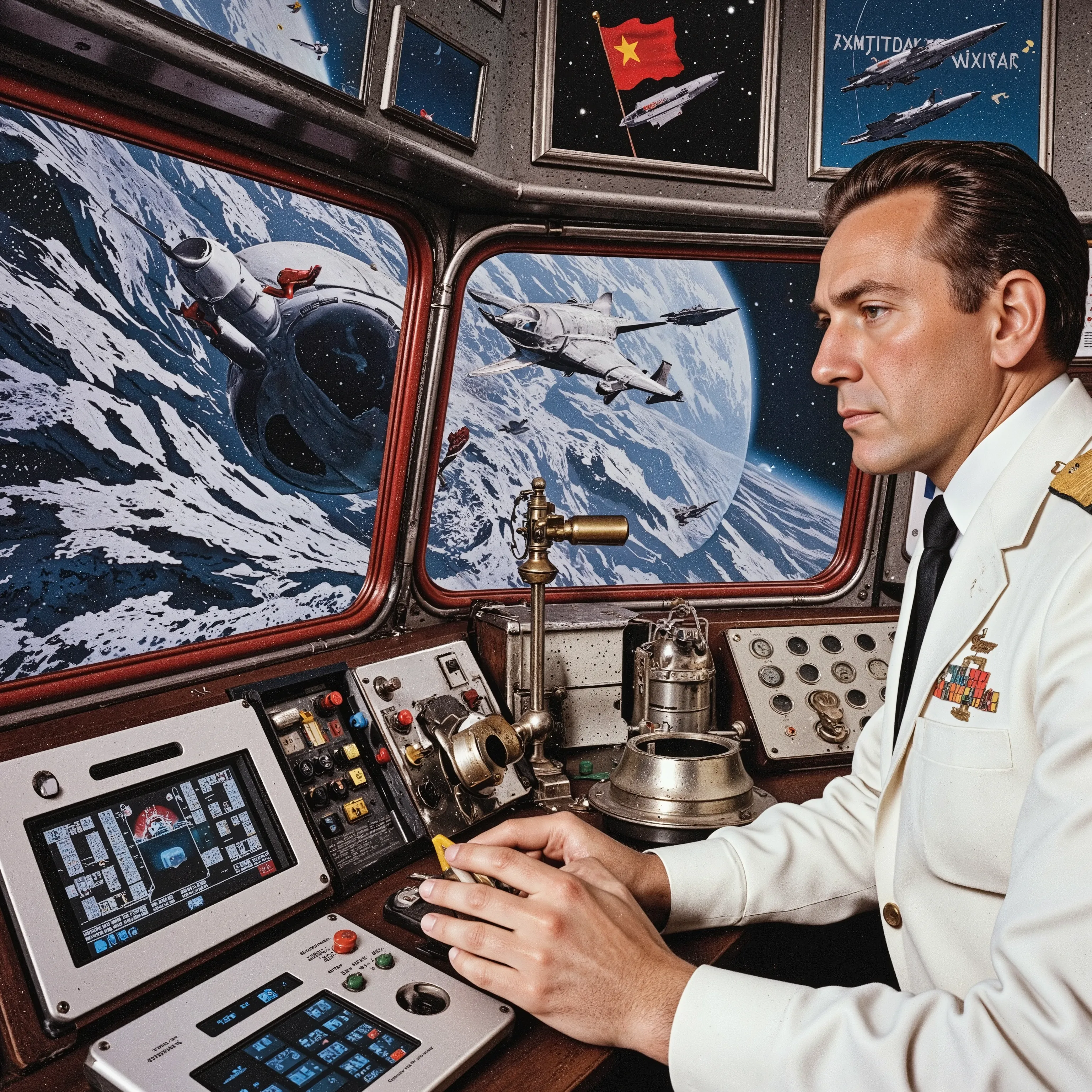Commander of the Soviet Space Fleet,
Soviet_Era_AHS, Soviet poster,
Soviet industrial design,
In the year 2300, a super-large Soviet space battleship entered satellite orbit,
The space battleship follows the design of the Soyuz rocket,
A cool publicity p...