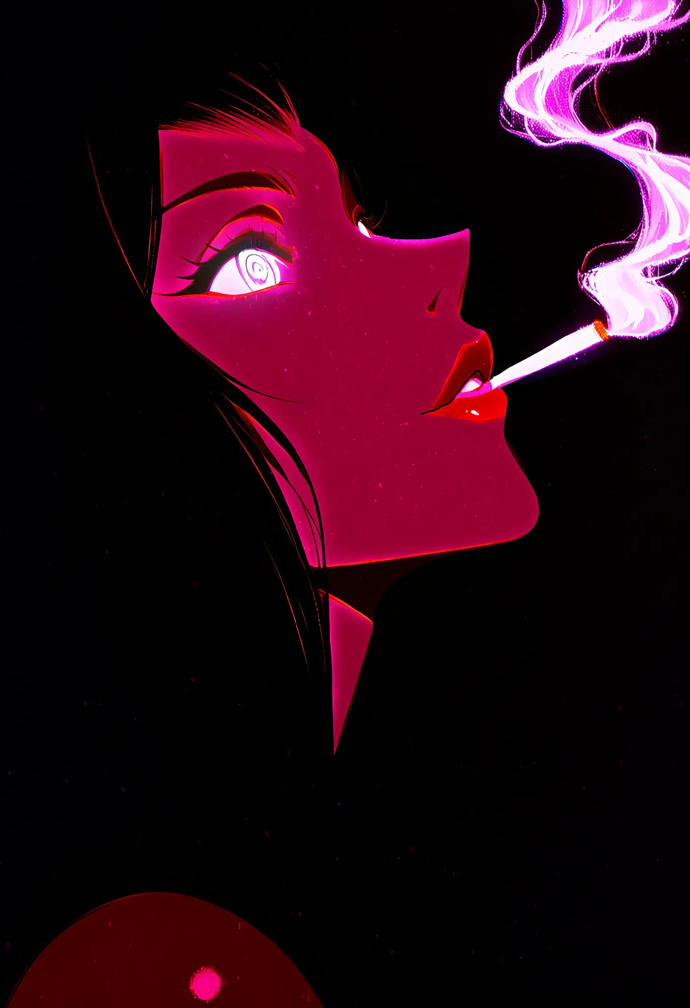  Cowboy Bebop, Black Silhouette Art, black background,white eyes,silhouette of a beautiful and provocative girl with red lips from up close,half-profile  ,Mariwana's cigarette emitting white smoke, limited palette , black background, colorful , Animated,br...