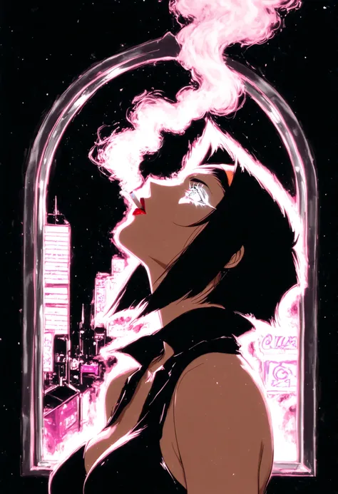  Cowboy Bebop, Black Silhouette Art, black background,white eyes,silhouette of a beautiful and provocative girl with red lips from up close,half-profile  ,Mariwana's cigarette emitting white smoke, limited palette , black background, colorful , Animated,br...