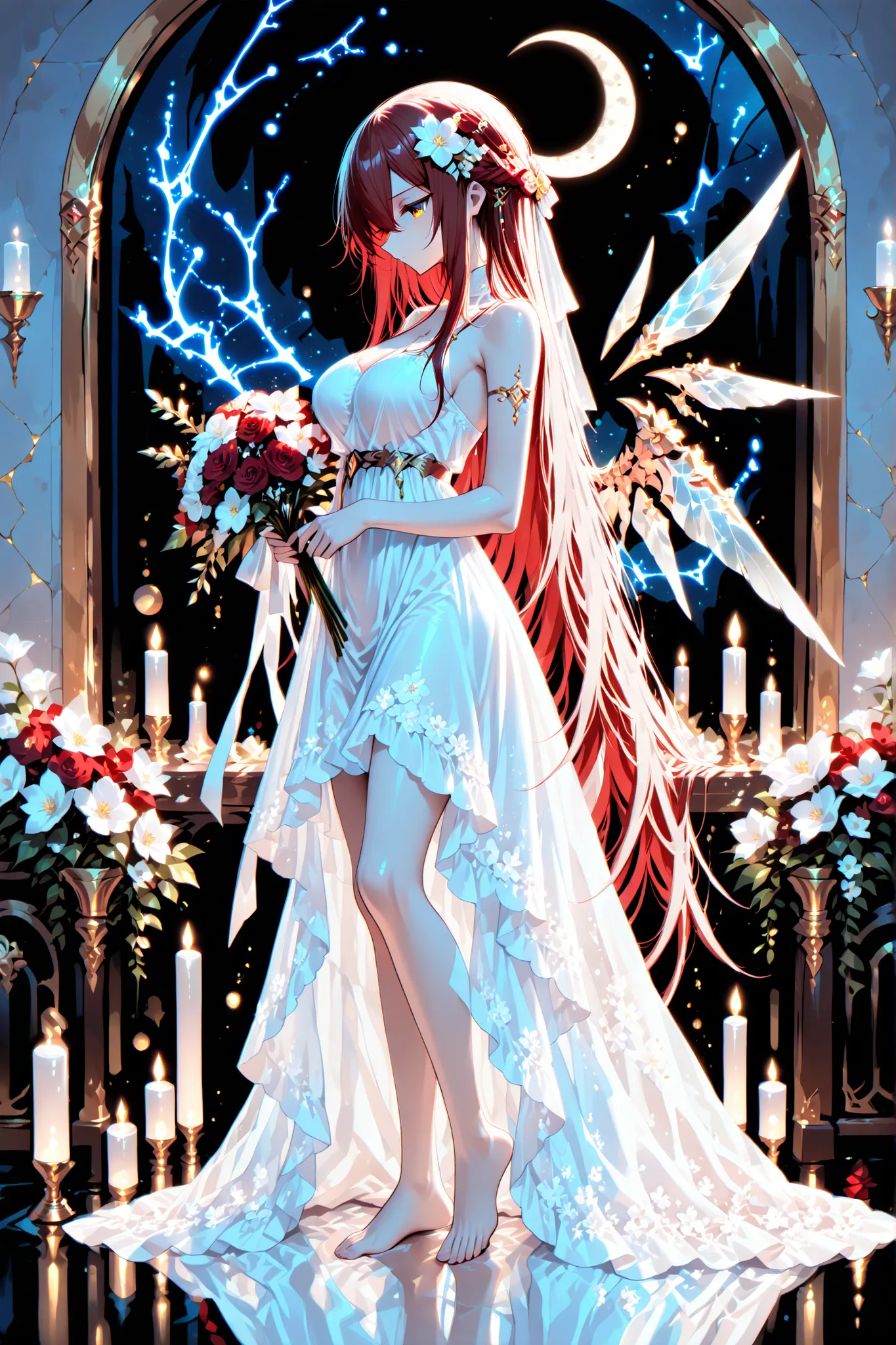 illustration of an angel looking down from the moon to hold flowers, 1 girl , golden eyes , very long hair , long sidelocks, red hair ,half updo, petite , very cute , beautiful ,Straight hair, cool, handsome, hair between eyes, sexy, female, mediumlarge br...