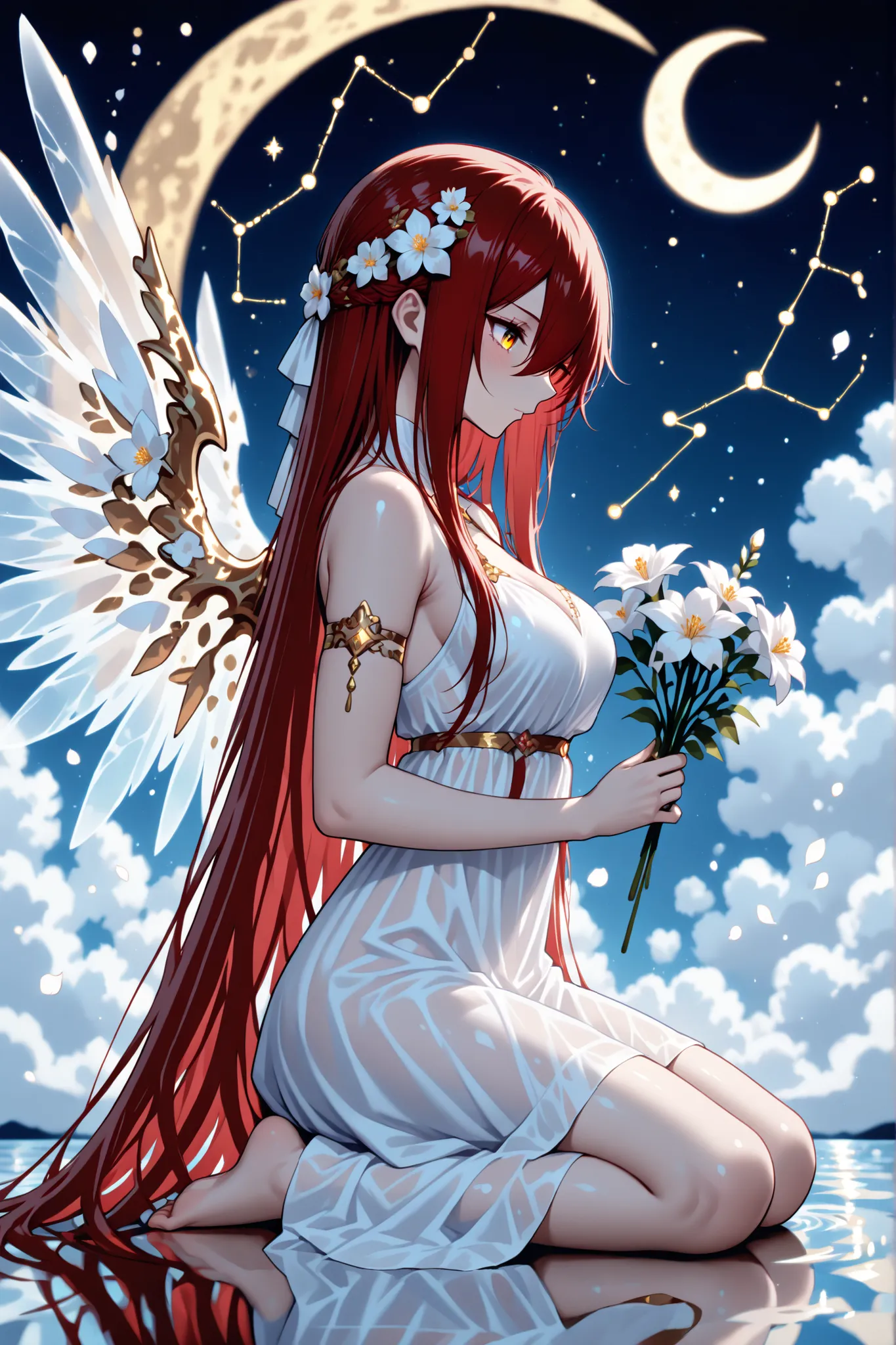 illustration of an angel looking down from the moon to hold flowers, 1 girl , golden eyes , very long hair , long sidelocks, red hair ,half updo, petite , very cute , beautiful ,Straight hair, cool, handsome, hair between eyes, sexy, female, mediumlarge br...