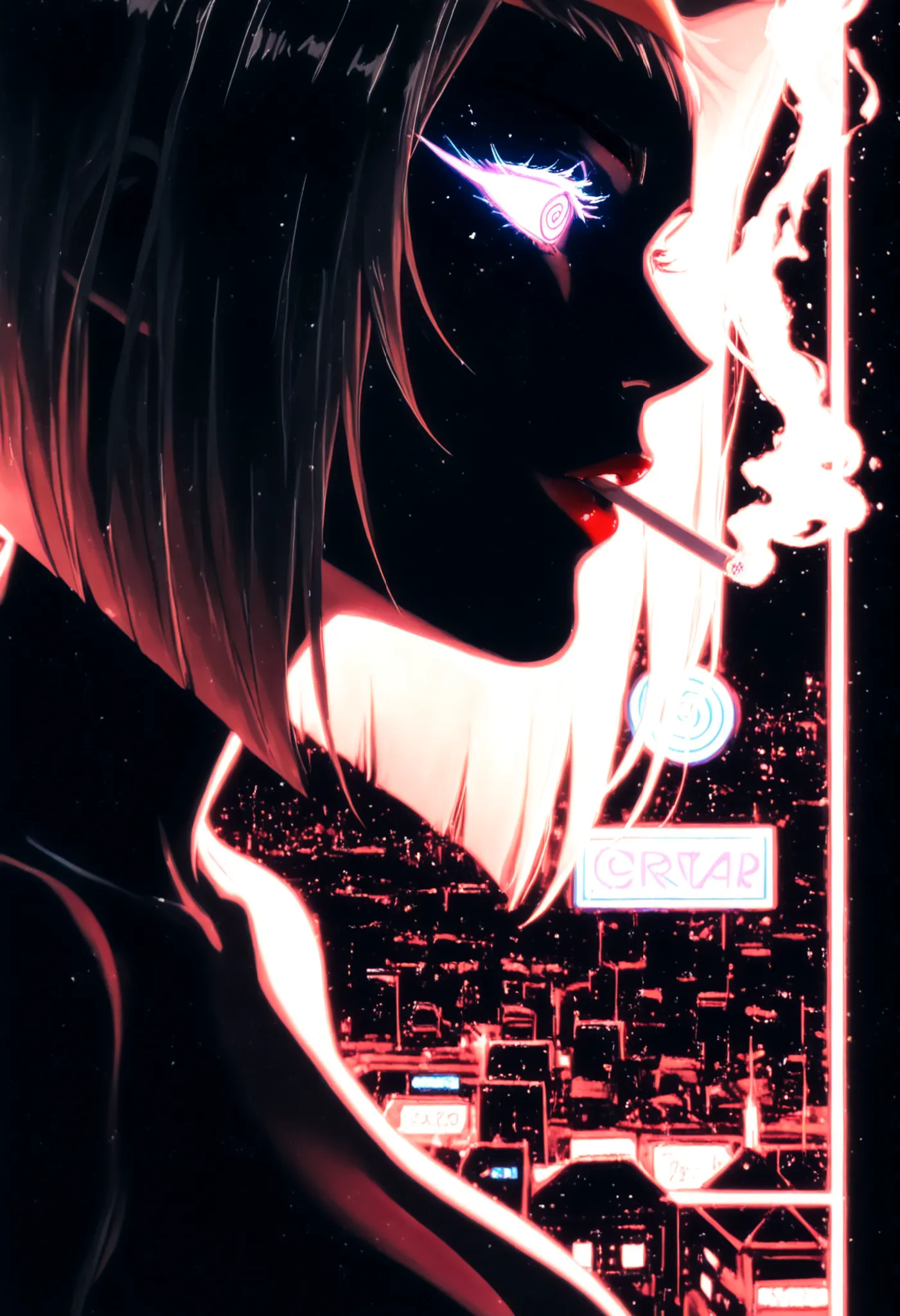  Cowboy Bebop, Black Silhouette Art, black background,white eyes,silhouette of a beautiful and provocative girl with red lips from up close,half-profile  ,Mariwana's cigarette emitting white smoke, limited palette , black background, colorful , Animated,br...