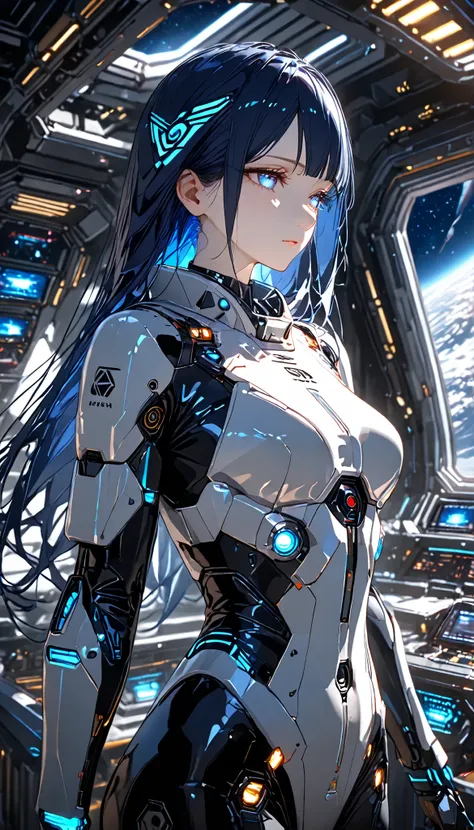 Breathtaking beauty, ultra high quality, 8k, Detailed animation of a cyborg drifting through space, from side:1.331, sharp gaze, A stunning mix of humans and machines, Futuristic Spacesuits:1.331, Cyberpunk style futuristic space helmet:1.6, カメラレンズのようなsupe...