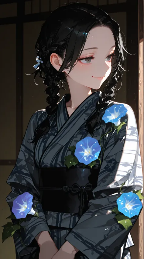 female, yukata designed with morning glory, Black hair tied with braids, Smile,
