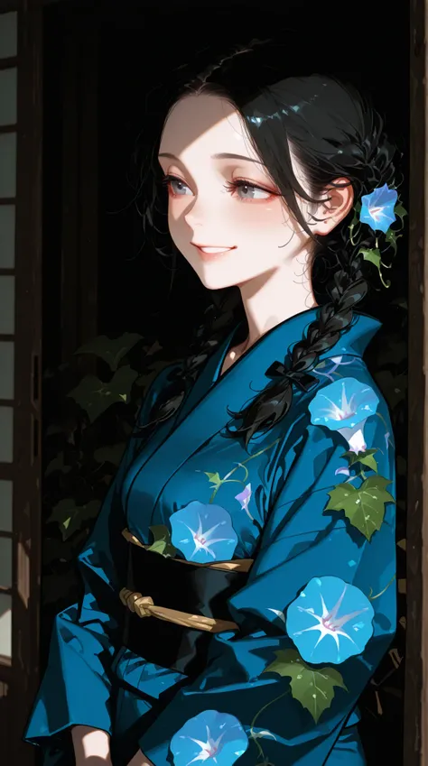 female, yukata designed with morning glory, Black hair tied with braids, Smile,