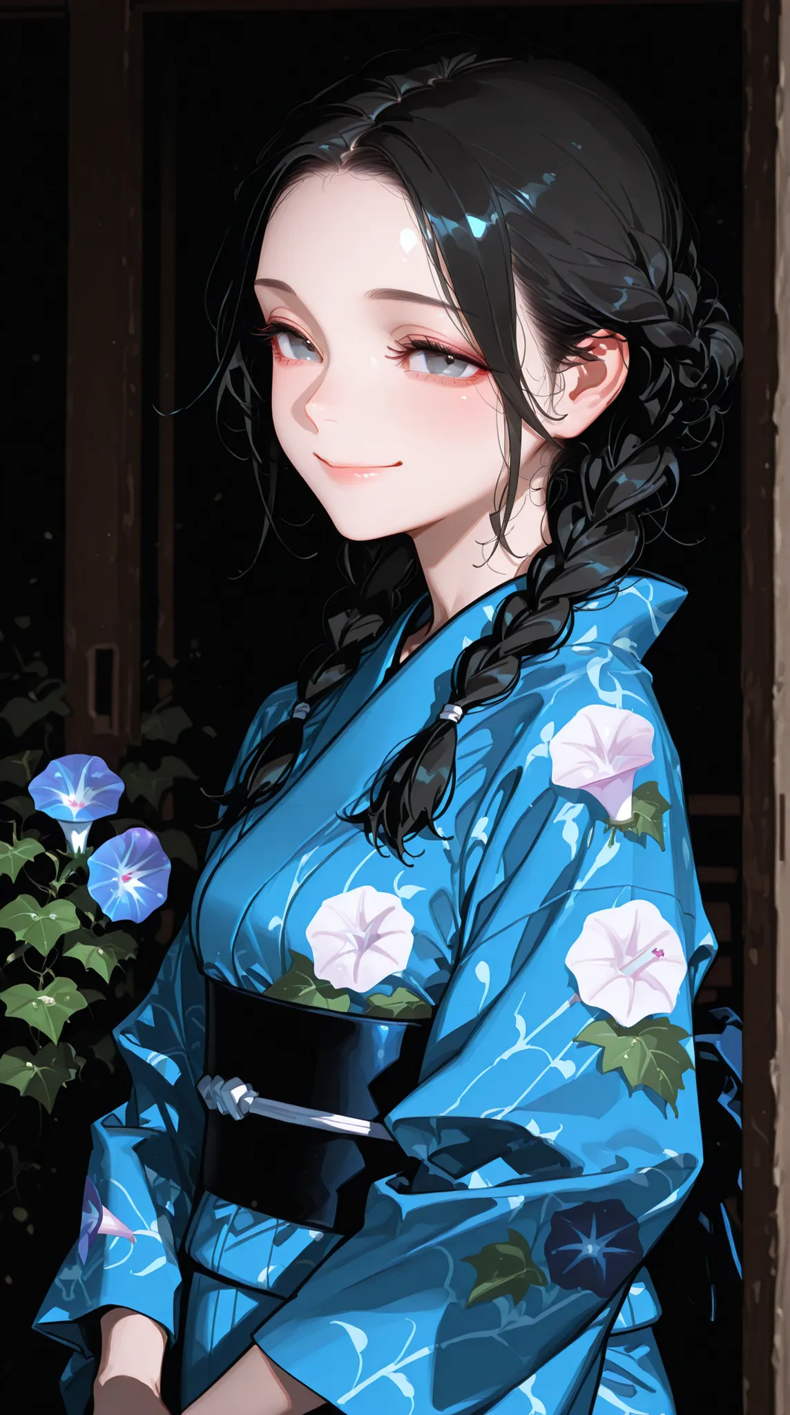 female, yukata designed with morning glory, Black hair tied with braids, Smile,