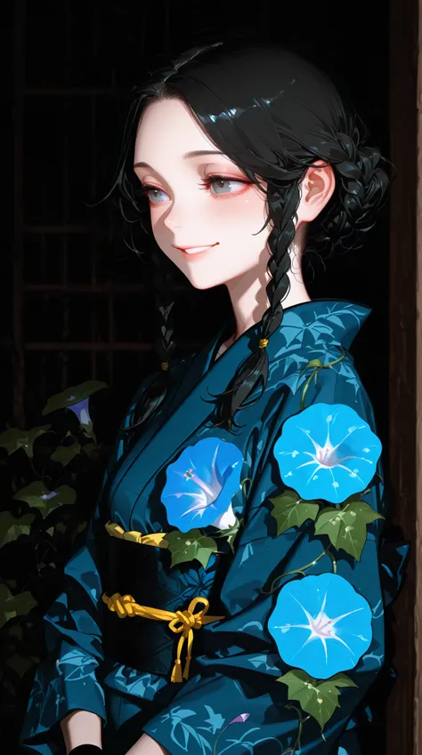 female, yukata designed with morning glory, Black hair tied with braids, Smile,