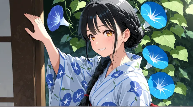 female, yukata designed with morning glory, Black hair tied with braids, Smile,
