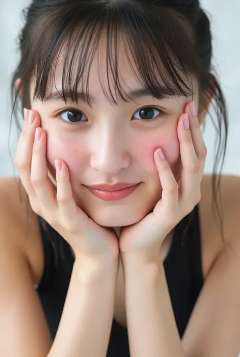 extreme close-up portrait, the girl's love-struck face filling 95% of the frame, both hands gently cupping her flushed cheeks, head slightly tilted, dreamy half-lidded eyes glowing with warmth and overflowing adoration, gaze directed lovingly straight at t...