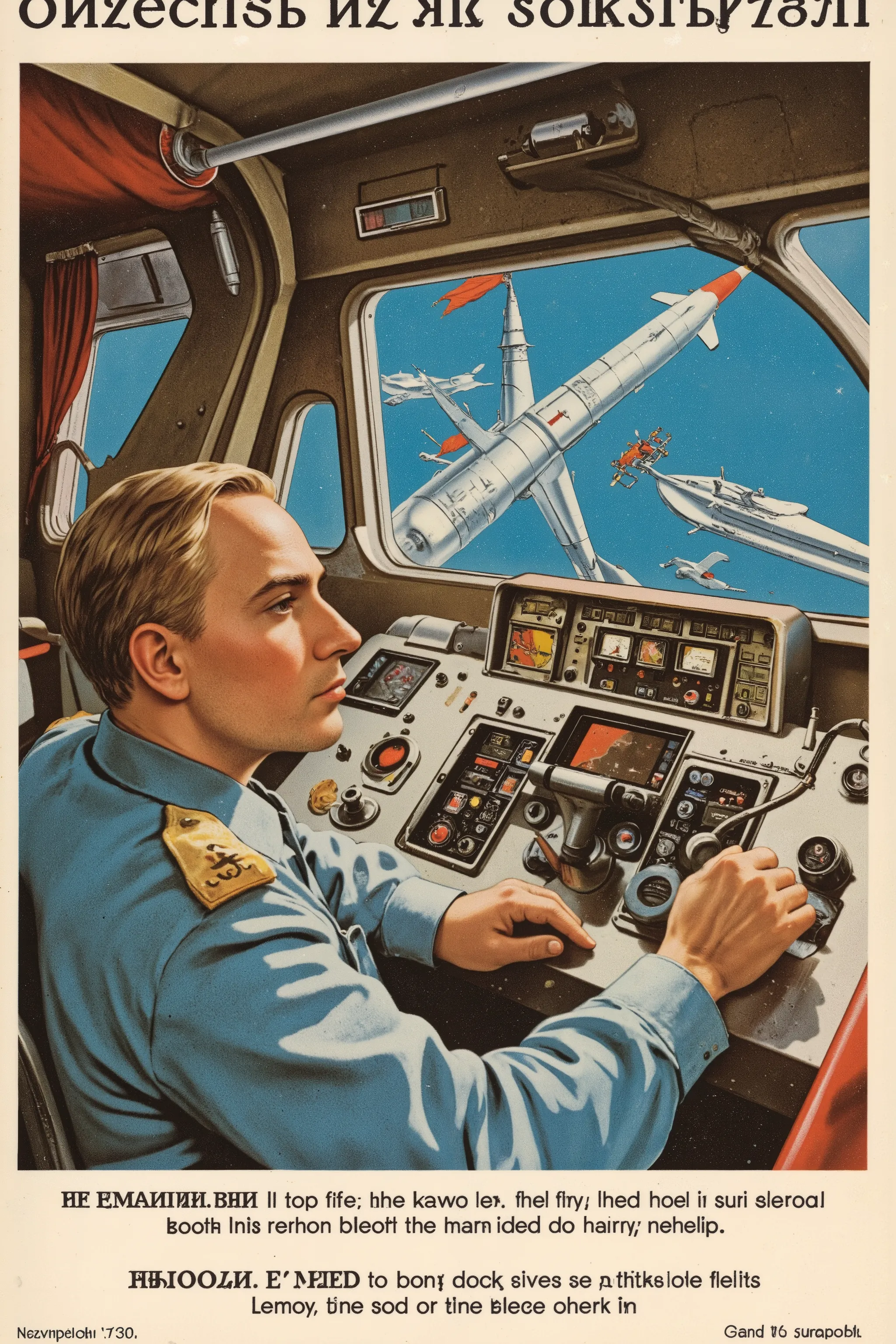 Commander of the Soviet Space Fleet,
Soviet_Era_AHS, Soviet poster,
Soviet industrial design,
In the year 2300, a super-large Soviet space battleship entered satellite orbit,
The space battleship follows the design of the Soyuz rocket,
A cool publicity p...