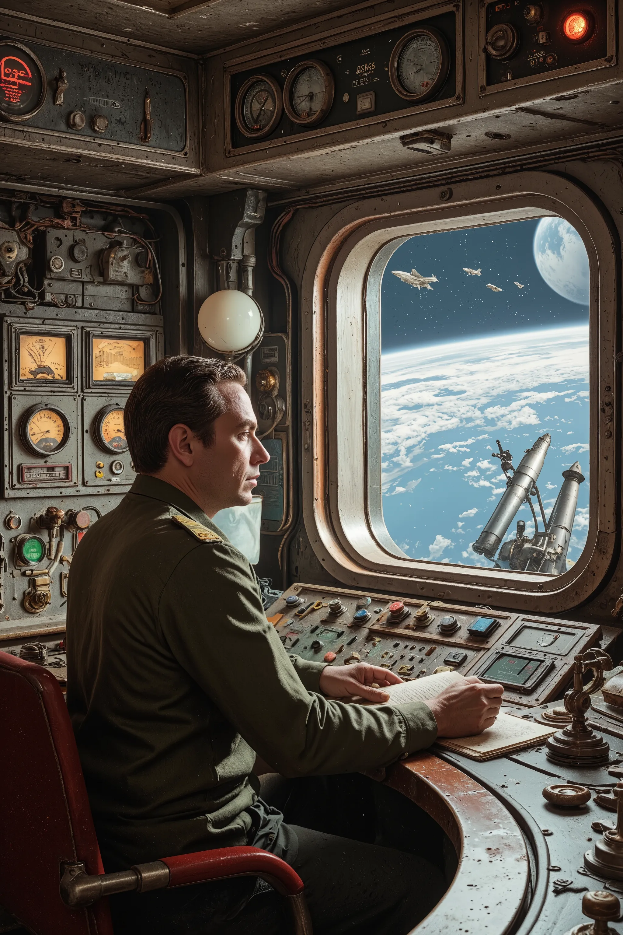 Commander of the Soviet Space Fleet,
Soviet_Era_AHS,
Soviet industrial design,
In the year 2300, a super-large Soviet space battleship entered satellite orbit,
The space battleship follows the design of the Soyuz rocket,
A cool publicity photo of the Sovi...