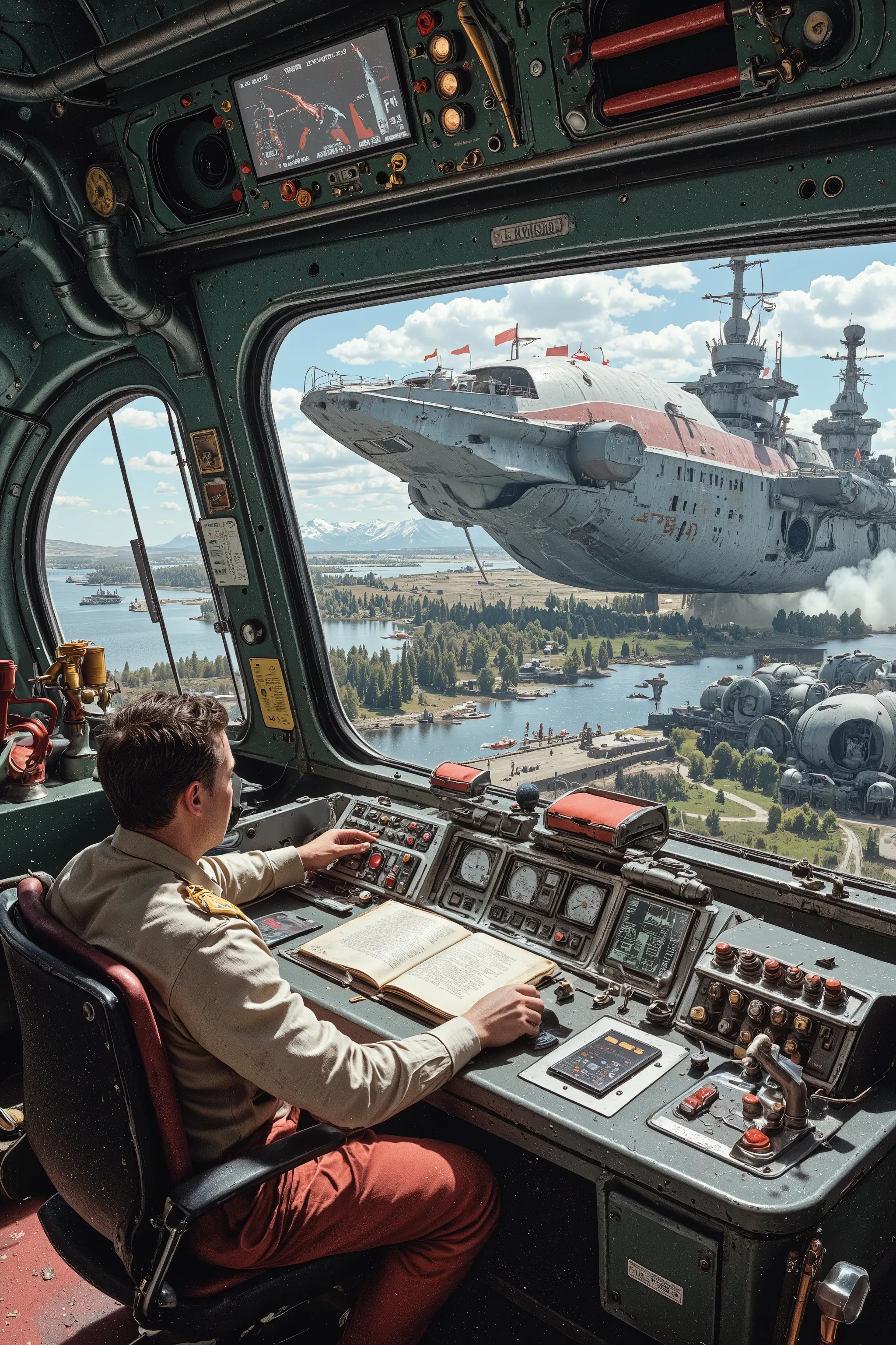 Commander of the Soviet Space Fleet,
Soviet_Era_AHS,
Soviet industrial design,
In the year 2300, a super-large Soviet space battleship entered satellite orbit,
The space battleship follows the design of the Soyuz rocket,
A cool publicity photo of the Sovi...
