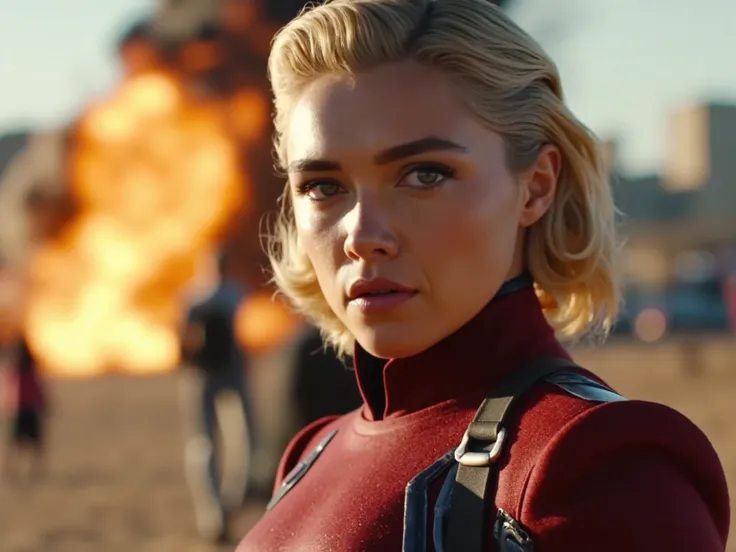 Extreme close-up of Florence Pugh with blonde hair, intense expression, holding a gun, dressed in Avengers uniform, bright daylight environment, fiery explosion in the background, cinematic lighting, high contrast, hyper-realistic detail, dramatic atmosphe...