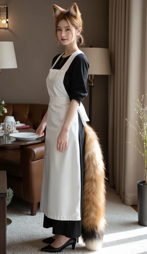 ((best quality, 8 k)), ((masterpiece)), (highest resolution), perfect face helps, woman with fox ears, woman with a tail, beautiful woman, she is a maid , neutral blurred background, only one tail , Her big fox tail, I can see her fox tail, She wags her ...