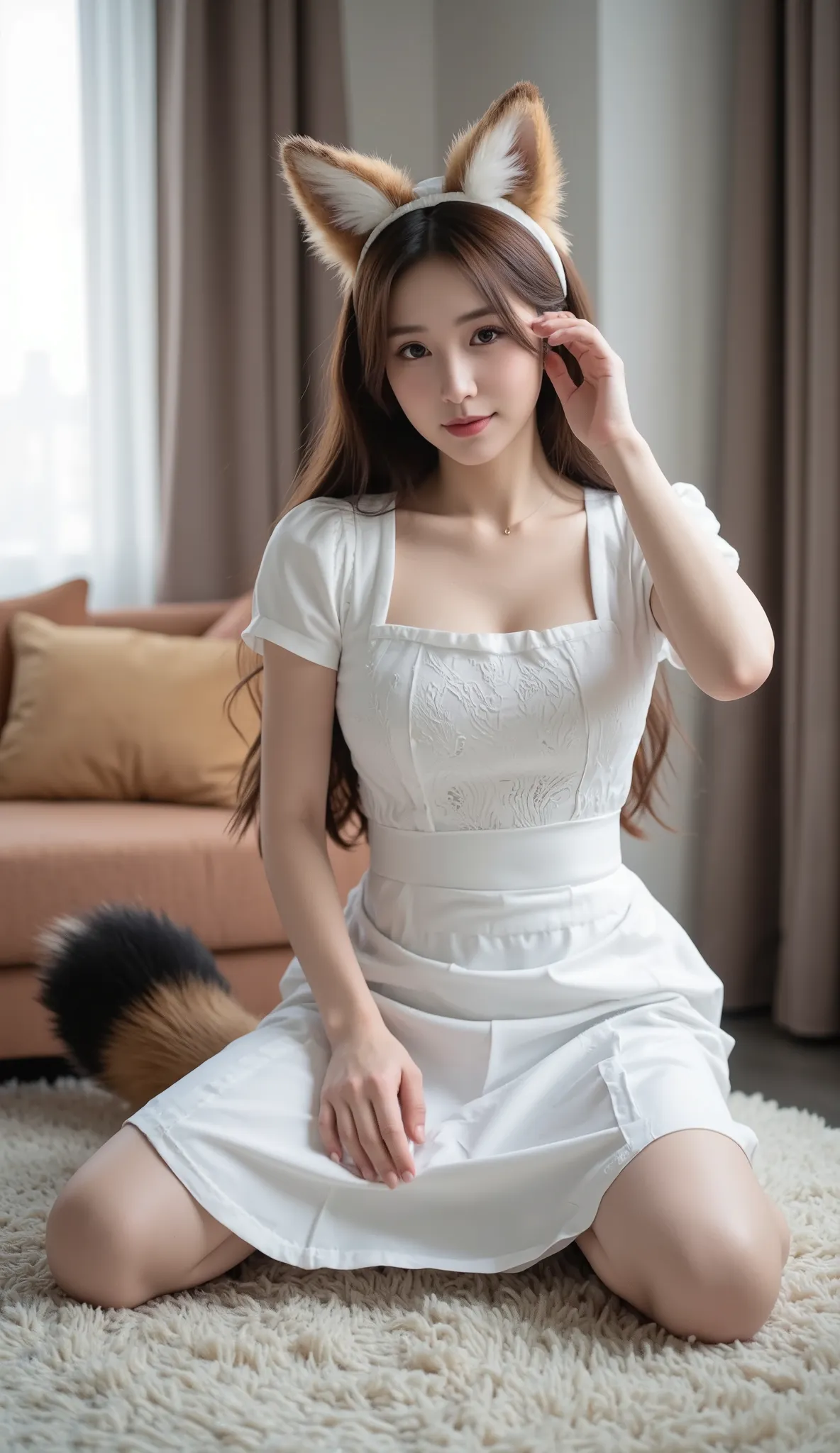 ((best quality, 8 k)), ((masterpiece)), (highest resolution), perfect face helps, woman with fox ears, woman with a tail, beautiful woman, she is a maid , neutral blurred background, only one tail , Her big fox tail, I can see her fox tail, She wags her ...