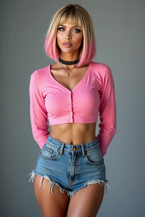 Darker-skinned blonde girl, model, italian face type, too much very tanned, perfect cute features, brown eyes, dimples, summer makeup, short blonde hair with pink ombre, bob hairstyle with straight bangs, bangs are a must, sexy figure, hands behind her bac...