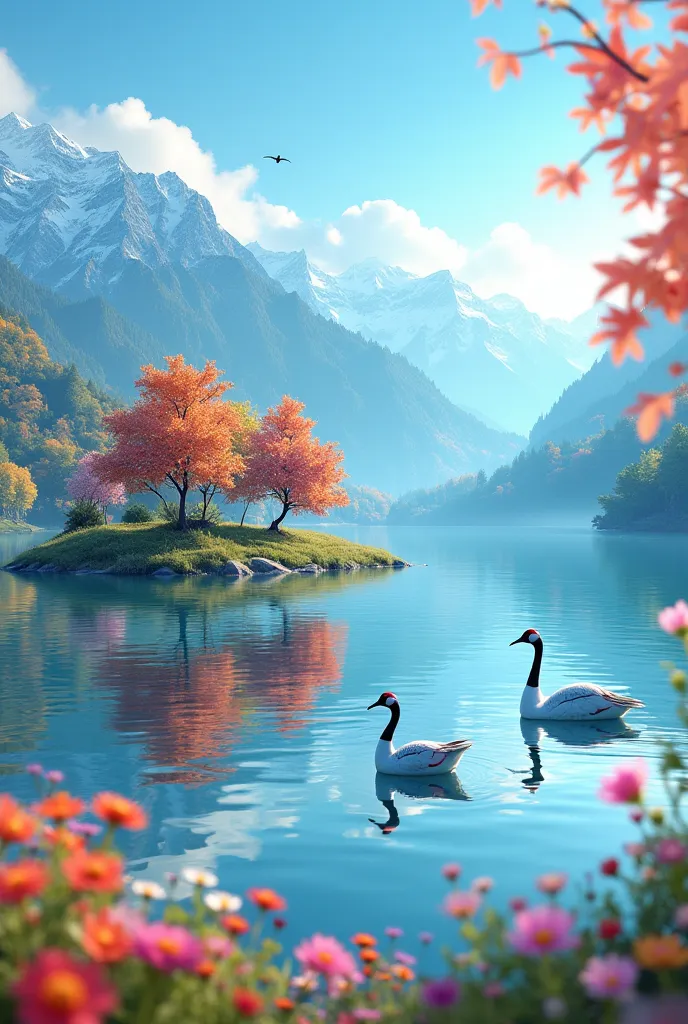 Animated, exquisitely detailed, colors are bright and deep, pastel and dramatic, bright and colorful background. A breathtaking morning. Looking out over a tranquil flower field. Vibrant wildflowers bloom in the foreground, and snow-capped mountains can be seen in the distance. Exquisite detailing of the stars shines with brilliant colors. Autumn lakeside scene: Foreground: Two cranes gracefully swim across the surface of a tranquil lake, the lake reflecting them and their surroundings like a mirror. Island: A small island in the middle of the lake is lined with colorful autumn trees. The leaves are vibrant green, orange, yellow and pink, creating a rich autumn color palette. Background: The lake is surrounded by mountains, some of which are snow-capped. The sky creates a beautiful light blue gradient. Atmosphere: This image captures the charm of an autumn landscape, highlighting the beauty and serenity of nature. The reflective effects and richness of color create a visually striking and captivating scene.
