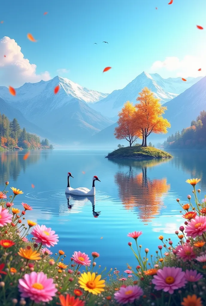 Animated, exquisitely detailed, colors are bright and deep, pastel and dramatic, bright and colorful background. A breathtaking morning. Looking out over a tranquil flower field. Vibrant wildflowers bloom in the foreground, and snow-capped mountains can be seen in the distance. Exquisite detailing of the stars shines with brilliant colors. Autumn lakeside scene: Foreground: Two cranes gracefully swim across the surface of a tranquil lake, the lake reflecting them and their surroundings like a mirror. Island: A small island in the middle of the lake is lined with colorful autumn trees. The leaves are vibrant green, orange, yellow and pink, creating a rich autumn color palette. Background: The lake is surrounded by mountains, some of which are snow-capped. The sky creates a beautiful light blue gradient. Atmosphere: This image captures the charm of an autumn landscape, highlighting the beauty and serenity of nature. The reflective effects and richness of color create a visually striking and captivating scene.
