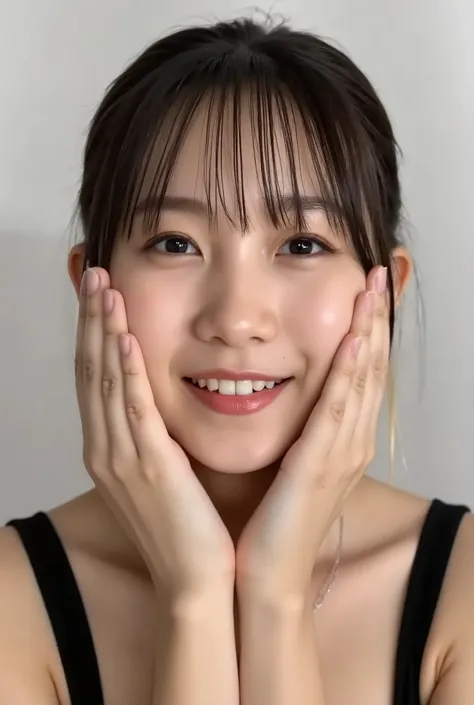 extreme close-up portrait, beautiful girl with her love-struck, radiant face filling the entire frame (95% face ratio), gently placing both open hands on her flushed cheeks with soft fingers, soft black camisole, white blurred background, eyes dreamy and h...