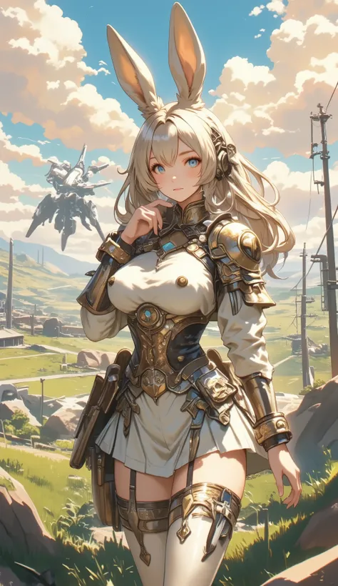 concept art in soft and round Japanese anime style with furry and whimsical touches, adorable and elegant Viera-inspired female commander with fluffy long rabbit-like ears, round face, big expressive eyes and soft body curves, wearing ornate steampunk mili...