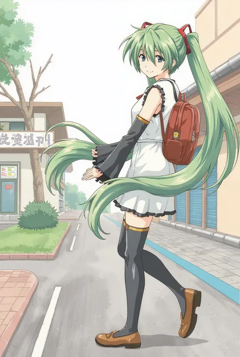 ( masterpiece、 Highest Quality、 Highest Quality、official art、 beautiful beautiful :1.2) Hatsune Miku、Light Green Twin Tails, beautiful breasts, Home from School、watercolor style、pale color、 hand drawn style, student、high school girl、School route、carryi...