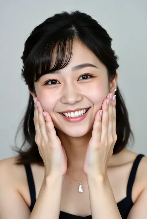 extreme close-up portrait, beautiful girl with her love-struck, radiant face filling the entire frame (95% face ratio), gently placing both open hands on her flushed cheeks with soft fingers, soft black camisole, white blurred background, eyes dreamy and h...