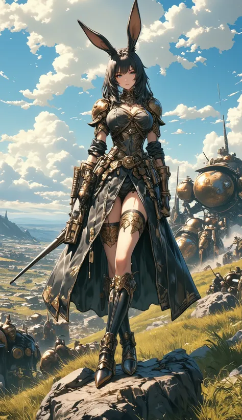 concept art in refined Japanese anime style with soft and slightly rounded aesthetic, elegant and sharp Viera-inspired female commander with long rabbit-like ears and beautiful features, wearing ornate steampunk military uniform with metallic and leather e...