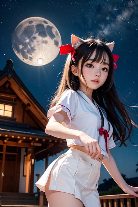  photo quality、8k、Night Sky、lots of stars、Moonlight、Tabby cat、miniskirt over GPT、A beautiful girl who is a cute shrine maiden、Ride a cat、Flying