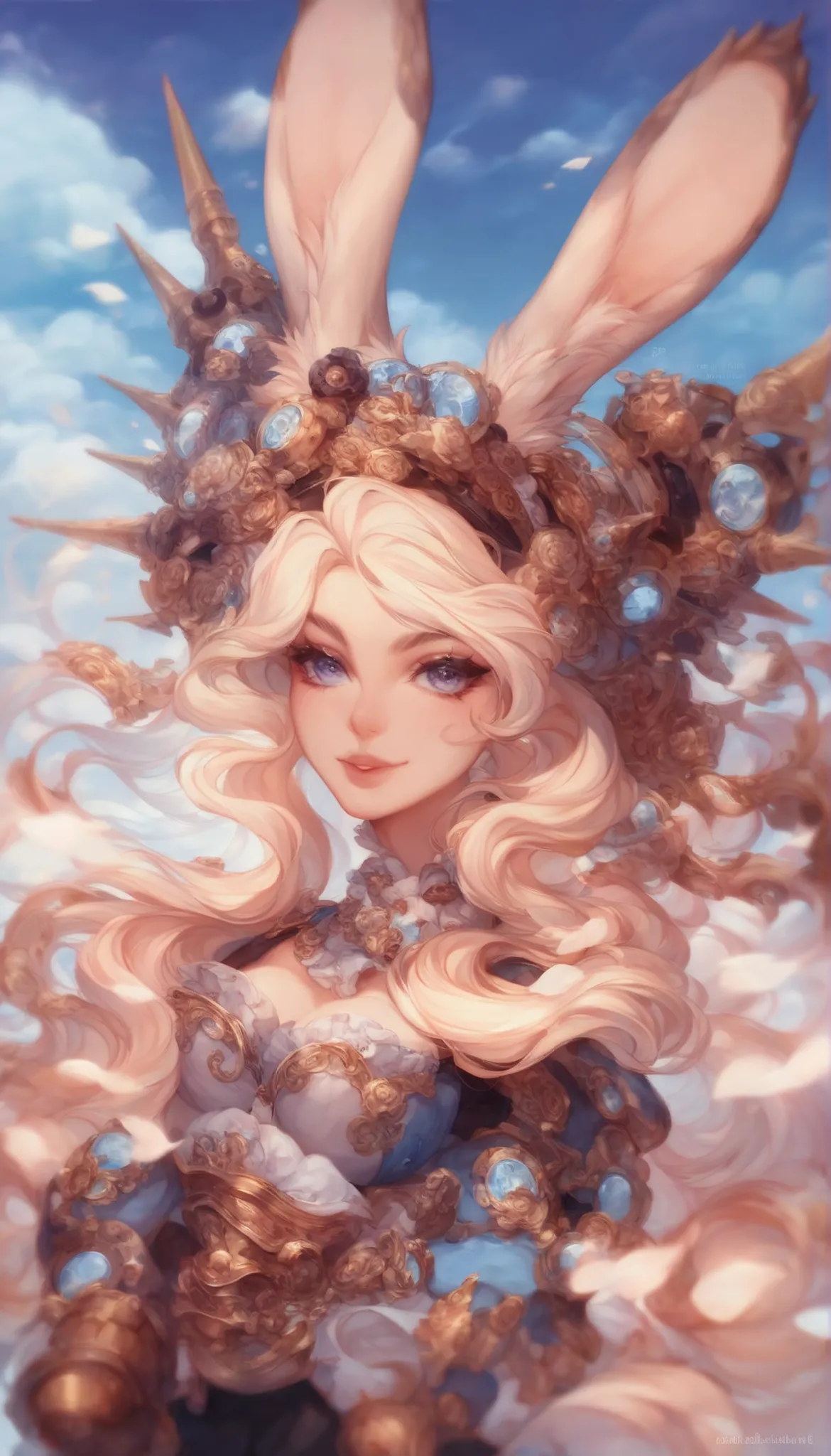 concept art in soft and elegant Japanese anime style with smooth lines and gentle pastel colors, very feminine and graceful Viera-inspired female commander with flowing hair, long rabbit-like ears, soft body curves and beautiful face, wearing ornate and de...