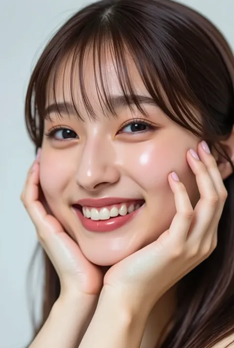 extreme close-up portrait, beautiful girl with her love-struck, radiant face filling the entire frame (95% face ratio), gently placing both open hands on her flushed cheeks with soft fingers, soft black camisole, white blurred background, eyes dreamy and h...